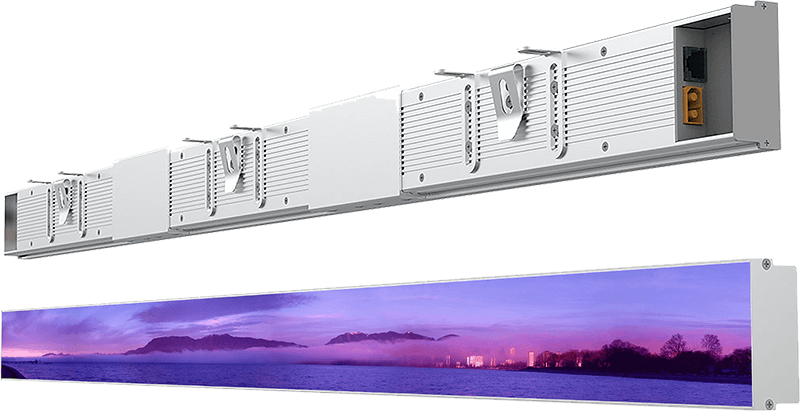 MiniCOB LED Display – Panoramic Content Example MiniCOB slimline LED display module shown with its mechanical rear detail, alongside a wide panoramic image example.