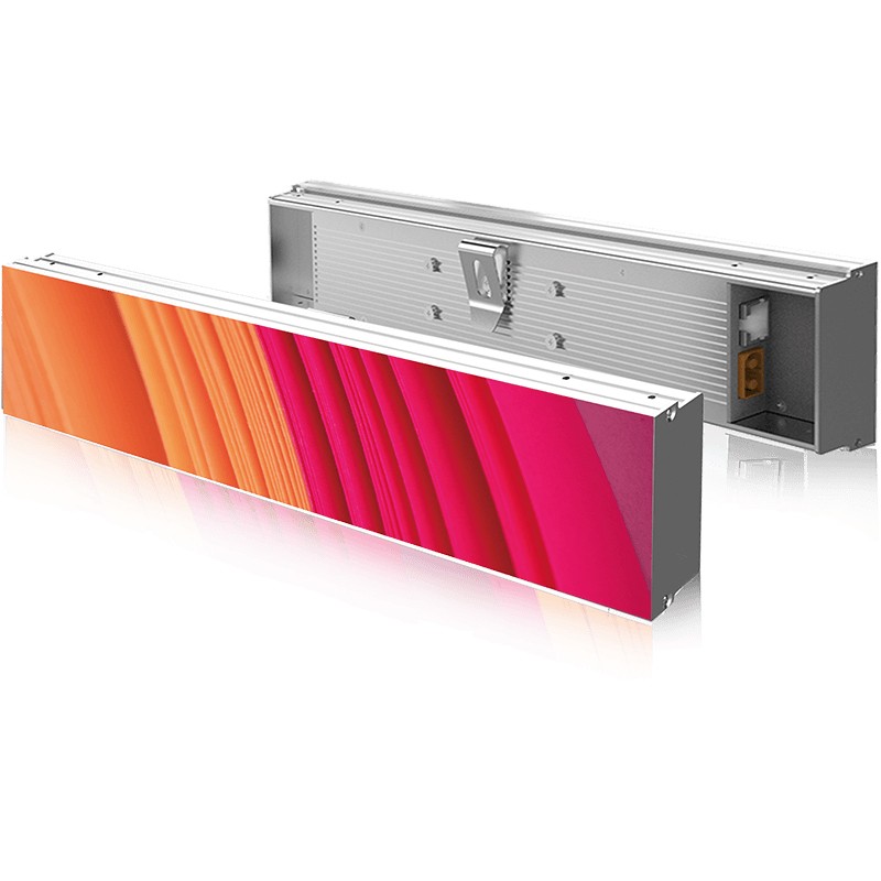 MiniCOB LED Display – Mounting Detail MiniCOB slimline LED display module showing orange-to-pink gradient output, with mounting bracket and connector housing visible on the rear unit.