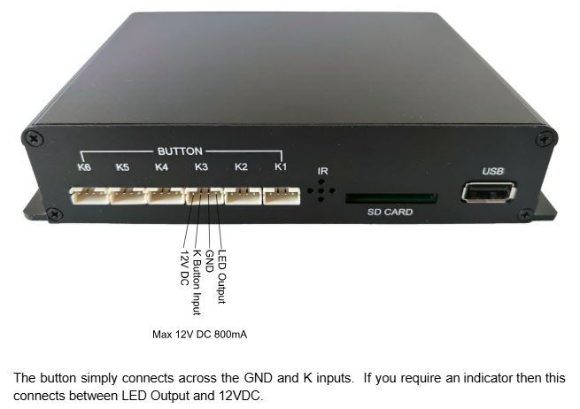 Rear connection panel of the MP1K media player, showing labelled push-button inputs K1 to K8, IR sensor, SD card slot, and USB port.