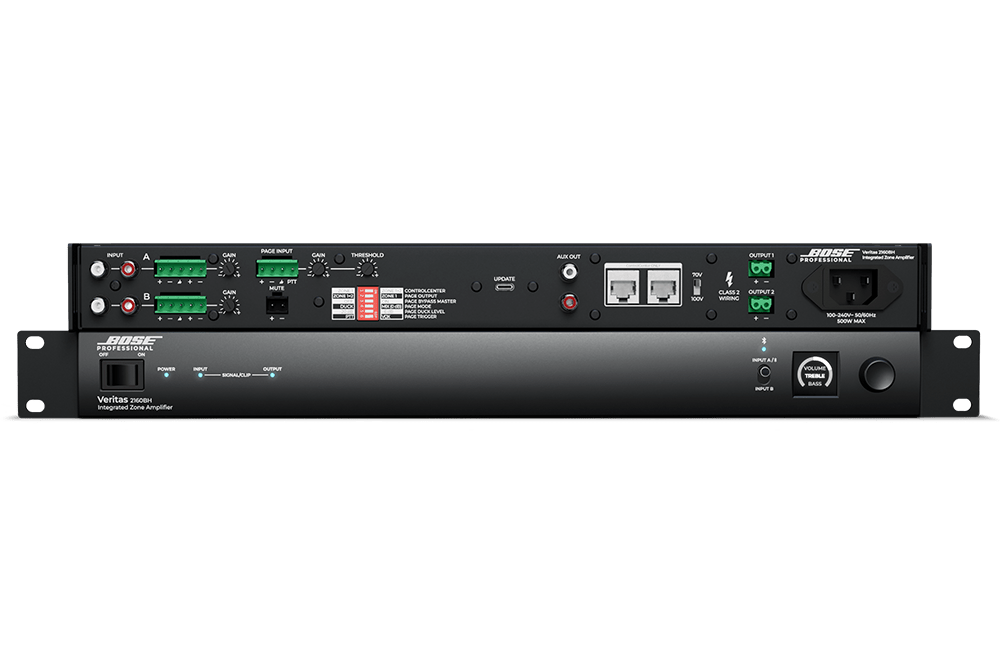Rear and front panel views of the Bose Professional Veritas 2160BH integrated zone amplifier, showing dual Euroblock inputs, 70V/100V outputs, and DIP switches.