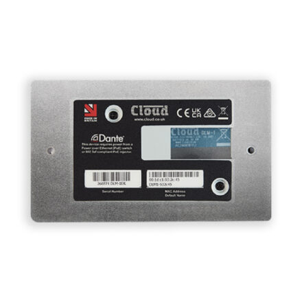 Rear view of the Cloud DLM‑1W Dante line/mic input module showing the Dante certification label and PoE power requirement.