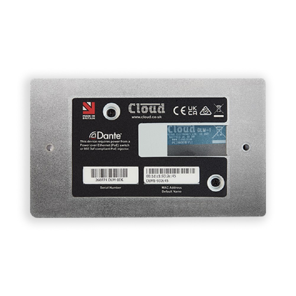 DLM-1W-Rear Rear view of the Cloud DLM‑1W Dante line/mic input module showing the Dante certification label and PoE power requirement.