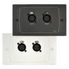 BE-1 wall plate with Neutrik XLR left and right connectors, shown in black and white finishes.