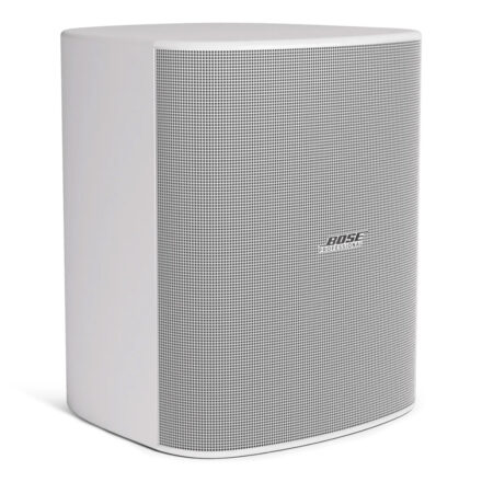 Textured white Bose Professional DesignMax DM12SE surface-mount commercial loudspeaker with white aluminum minimal-bezel grille for outdoor patios and bright indoor venues.