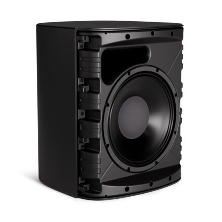 Close-up view of a black Bose Professional DesignMax DM12SE commercial loudspeaker with the front grille removed, showcasing the weather-treated 12-inch low-frequency woofer, large front-firing bass port, and robust baffle construction.